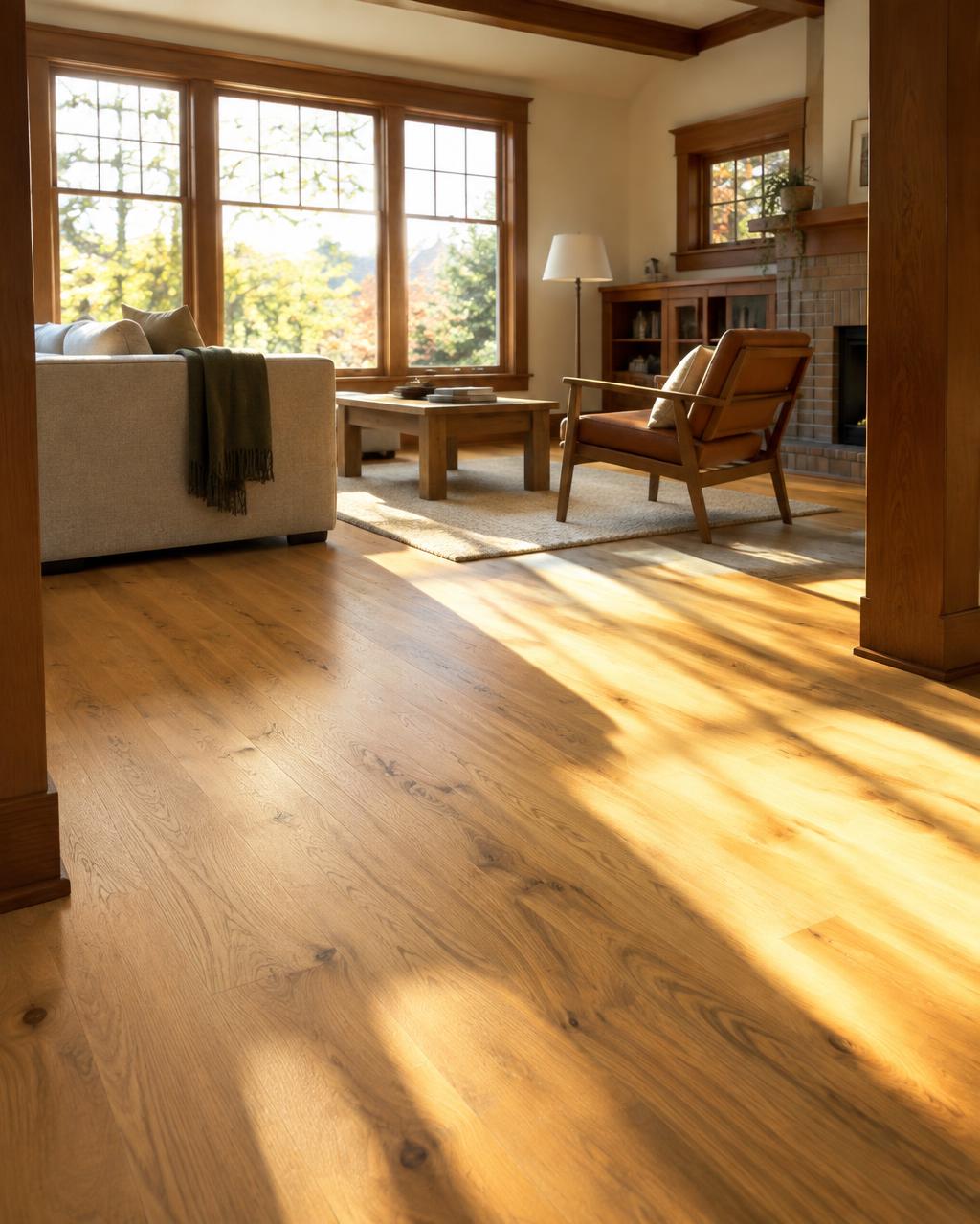 Sunlit living room with freshly finished wide-plank oak flooring